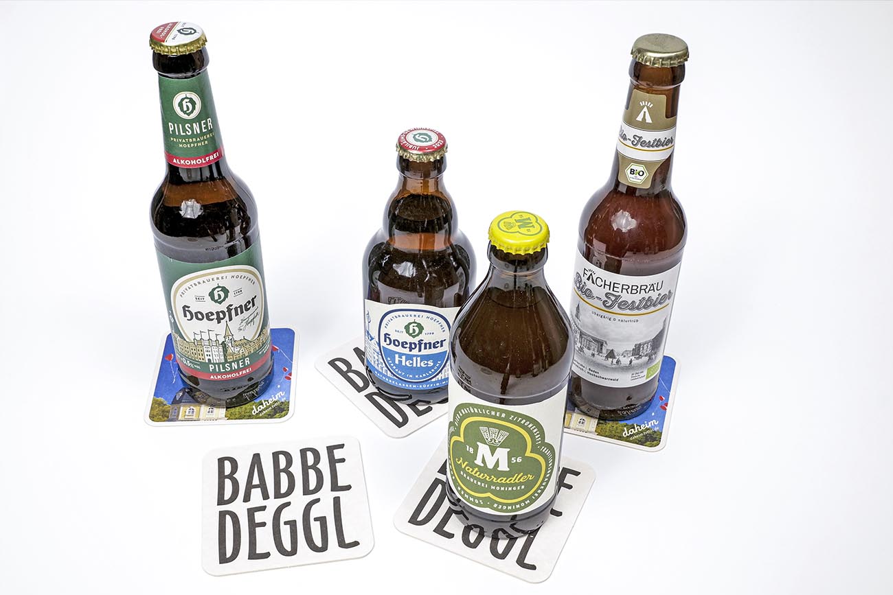 Original BABBEDEGGL mit Hoepfner Pilsner, Hoepfner Helles, Fächerbräu Bio Festbier und Moninger Naturradler